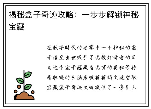 揭秘盒子奇迹攻略:一步步解锁神秘宝藏